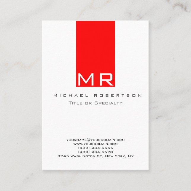 Moderne Monogram White Red Clean Business Card Visitenkarte (Vorderseite)