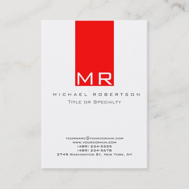 Moderne Monogram White Red Clean Business Card Visitenkarte (Vorderseite)