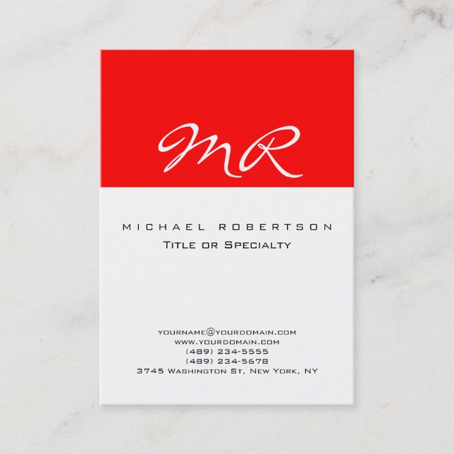 Moderne Monogram White Red Clean Business Card Visitenkarte (Vorderseite)