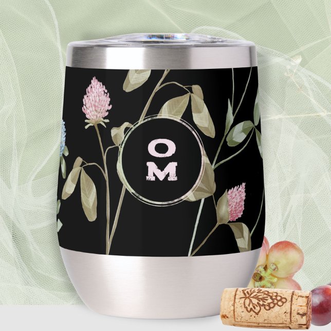 Moderne Monogram Wildblume Rose Grüne große Klee (Modern Monogram Wildflower Rose Green Clover Thermal Wine Tumbler ©Susanne Sachers - Sunny Mind 🌞)