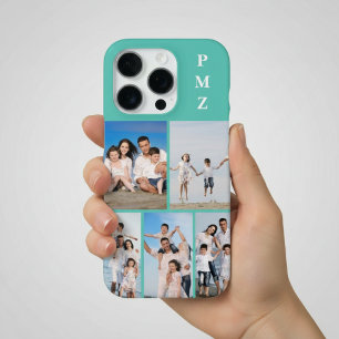 Moderne Monogramm 5-Foto-Collage Aqua Blau Türkis iPhone 16 Pro Hülle