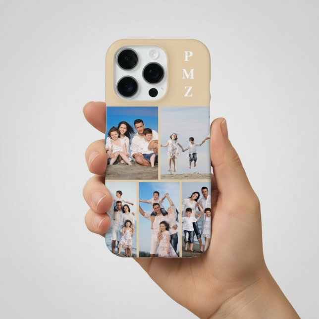 Moderne Monogramm 5 Foto Collage Sand Creme Beige iPhone Hülle (Von Creator hochgeladen)