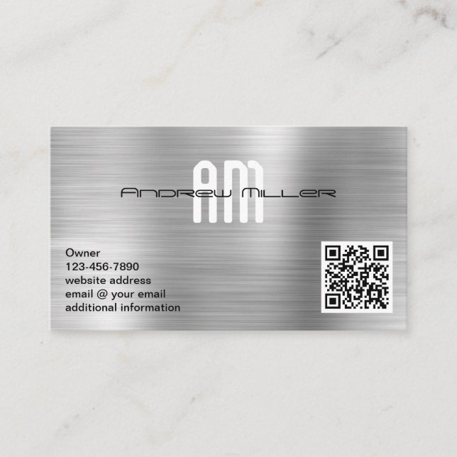 Moderne Monogramm-Add-QR-Imitate aus gebürstetem M Visitenkarte (Vorderseite)