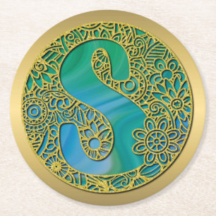 Moderne Monogramm Anfangs Gold Buchstabe und Türki Runder Pappuntersetzer