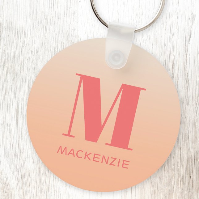 Moderne Monogramm Anfangsname Peach Gradient Schlüsselanhänger (Peach gradient monogram initial name personalized keychain)