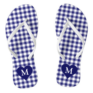 Moderne Monogramm Blau Kariert Flip Flops