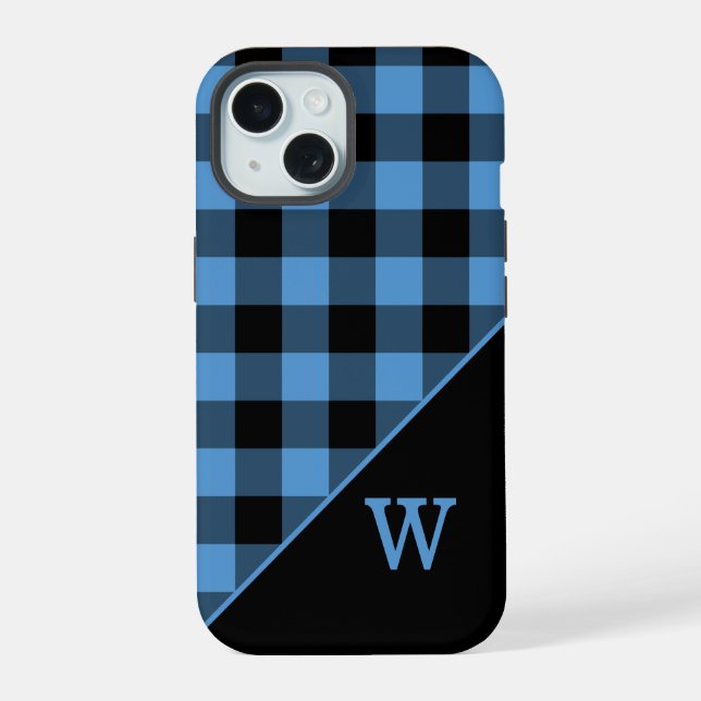 Moderne Monogramm Blau Schwarz Gingham Karomuster iPhone 15 Hülle (Rückseite)