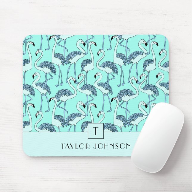 Moderne Monogramm Blaue Flamingos Mousepad (Mit Mouse)