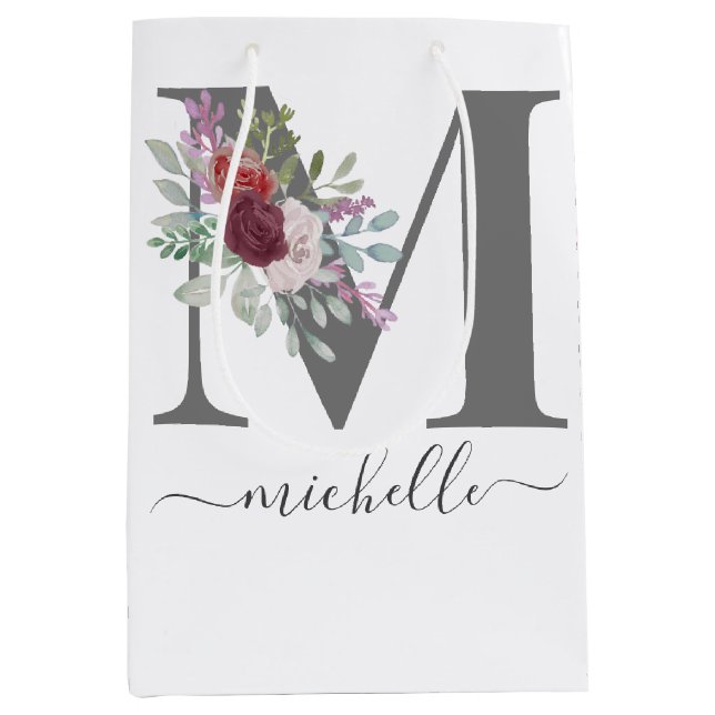 Moderne Monogramm Blumen Initiale Name Mittlere Geschenktüte (Vorderseite)