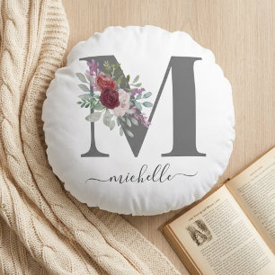 Moderne Monogramm-Blumeninitiale Name Rundes Kissen