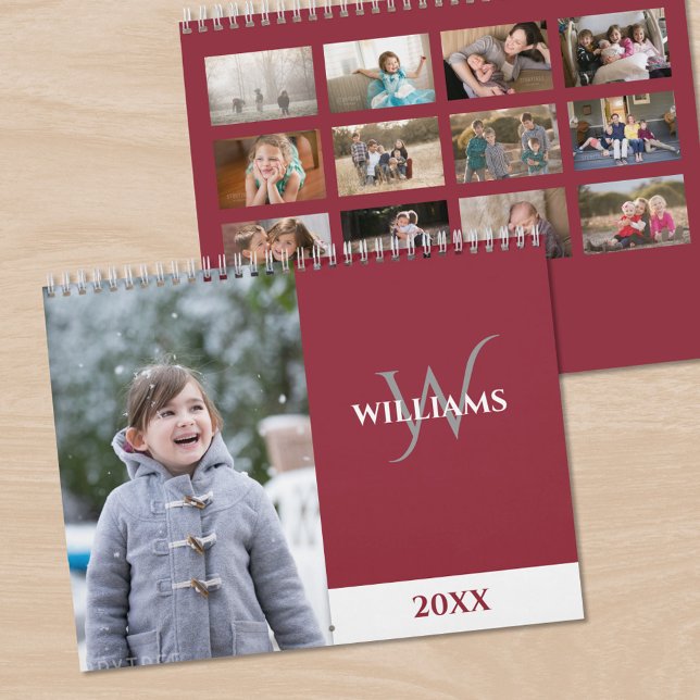 Moderne Monogramm Burgunderrote Foto Kalender (Modern Monogram Burgundy Red Photo Calendar, front/back)