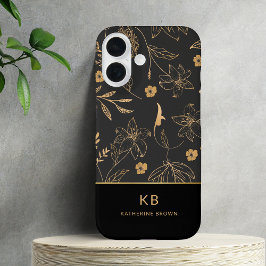 Moderne Monogramm Elegante Schwarz Gold Blumenmust iPhone 16 Hülle