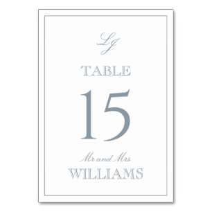 Moderne Monogramm Elegantes Script Dusty Blue Wedd Tischnummer