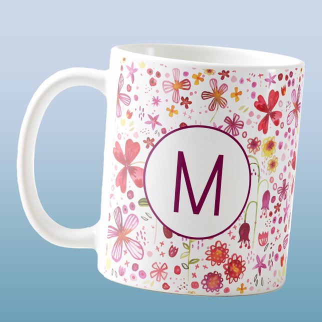 Moderne Monogramm erste Wildblume Wasserfarbe Kaffeetasse (Personalized monogram initial watercolor wildflower botanical floral coffee mug)