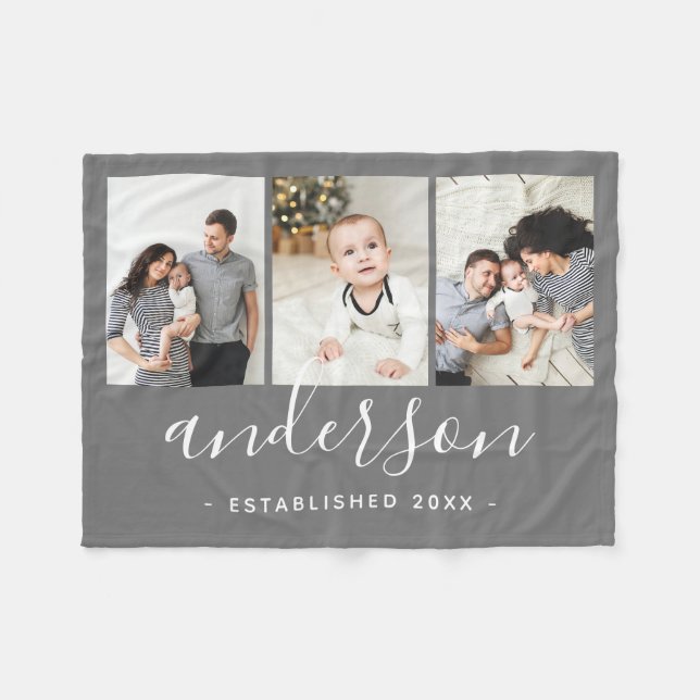 Moderne Monogramm-Familie 3 FotoCollage Fleecedecke (Vorderseite (Horizontal))