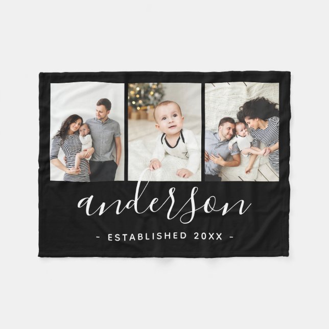 Moderne Monogramm-Familie 3 FotoCollage Fleecedecke (Vorderseite (Horizontal))
