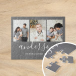 Moderne Monogramm-Familie 3 FotoCollage Puzzle<br><div class="desc">Benutzerdefiniertes Druckpuzzle personalisiert mit Ihren Fotos und Monogramm auf grauem Hintergrund. Fügen Sie Ihren Familiennamen oder anderen benutzerdefinierten Text mit Platz für 3 Fotos hinzu. Verwenden Sie die Entwurfswerkzeuge, um mehr Fotos hinzuzufügen und die Schriftart und Farben zu bearbeiten, um ein einzigartiges Design zu erstellen. Puzzles für Fotos nach Maß...</div>