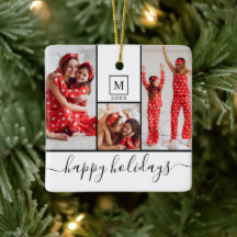 Moderne Monogramm Foto Collage Happy Holiday White
