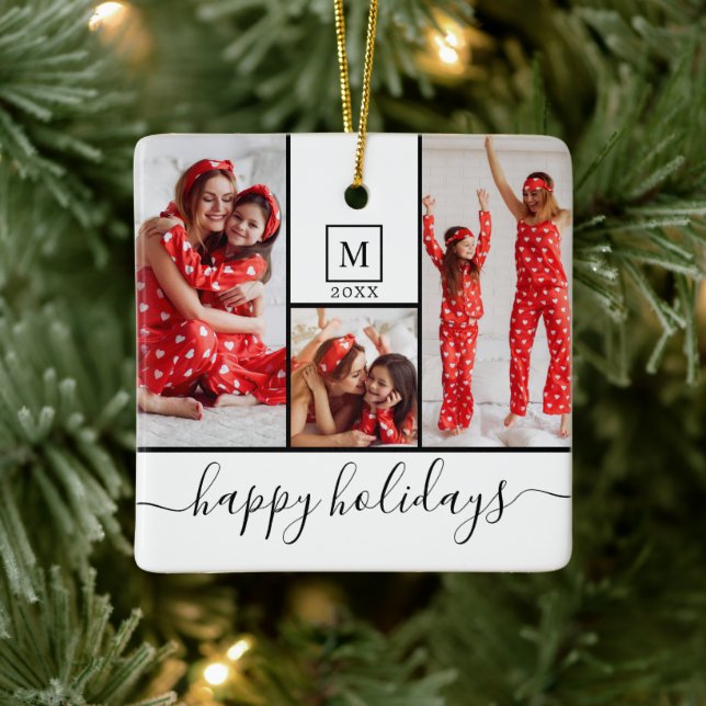 Moderne Monogramm Foto Collage Happy Holiday White Keramikornament (Baum)