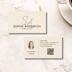 Moderne Monogramm Foto QR Creme Professional Visitenkarte