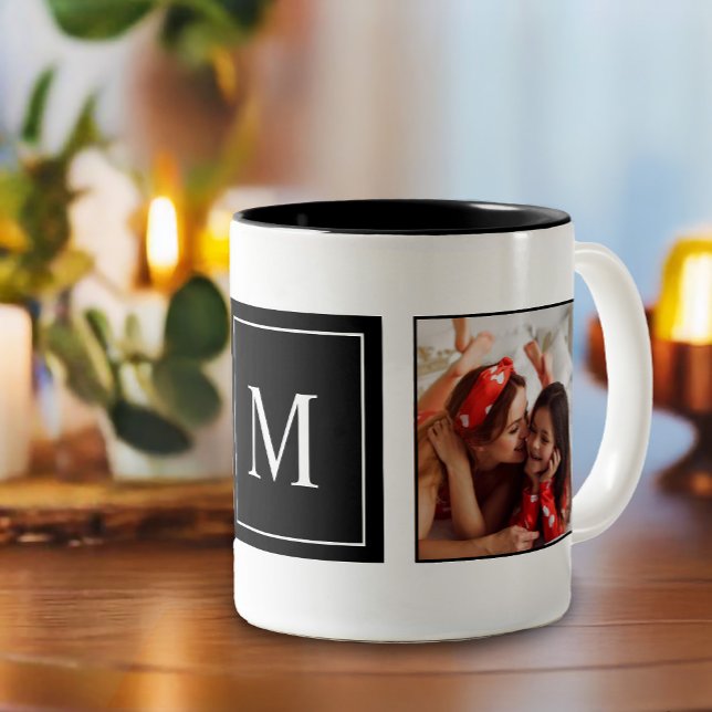 Moderne Monogramm-FotoCollage Zweifarbige Tasse (A perfect gift for holidays or birthdays. Surprise your loved one with a monogrammed mug)