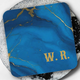 Moderne Monogramm-Gold-Glitter Blau-Marmor Quadratische Visitenkarte