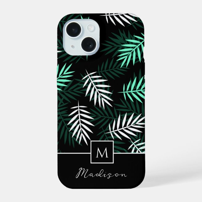 Moderne Monogramm Grün Blätter Muster iPhone 15 Hülle (Rückseite)
