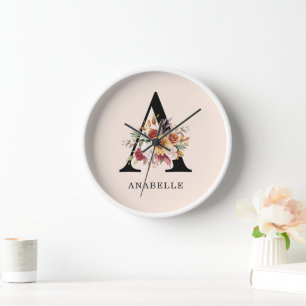Moderne Monogramm Herbst Wasserfarben Floralien  Uhr