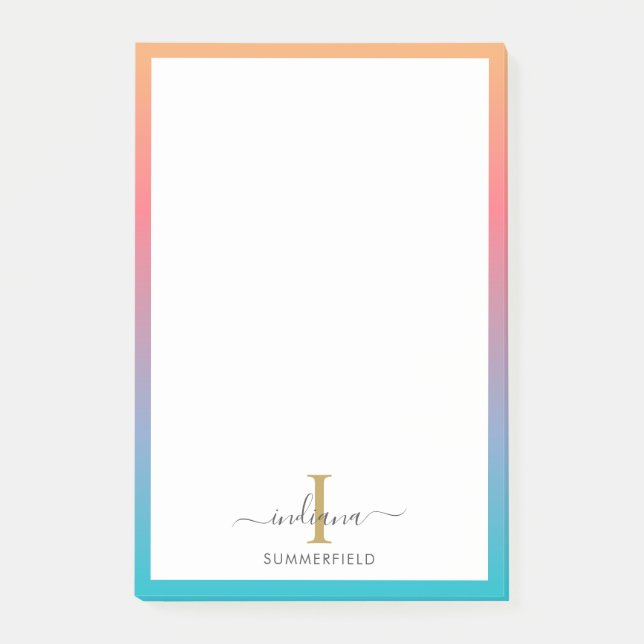 Moderne Monogramm-Initial-Schrift Blau Orange Ombr Post-it Klebezettel (Vorderseite)