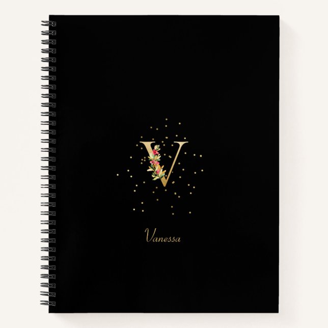 Moderne Monogramm-Initiale Buchstabe V Blumenmuste Notizbuch (Vorderseite)