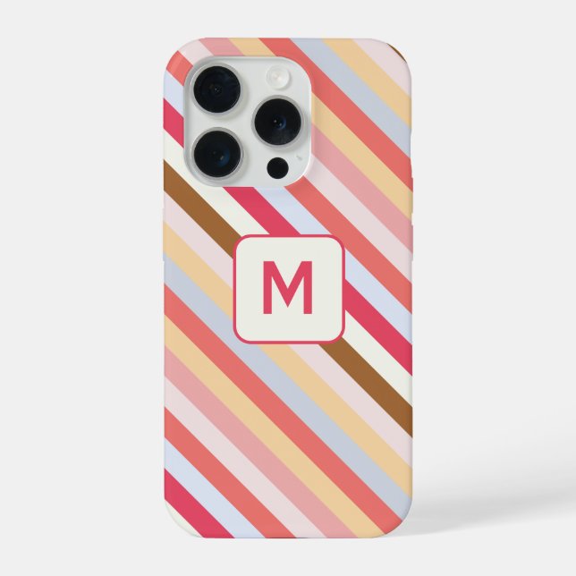 Moderne Monogramm-Initiale Diagonale Candy-Streife iPhone Hülle (Rückseite)