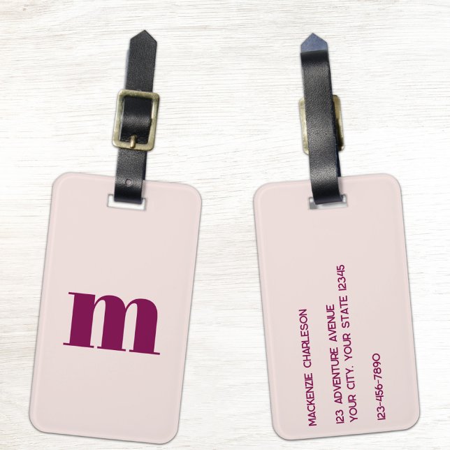 Moderne Monogramm-Initiale Rosé Burgunderrot Gepäckanhänger (Modern personalized custom monogram initial minimalist blush pink and burgundy luggage tag)