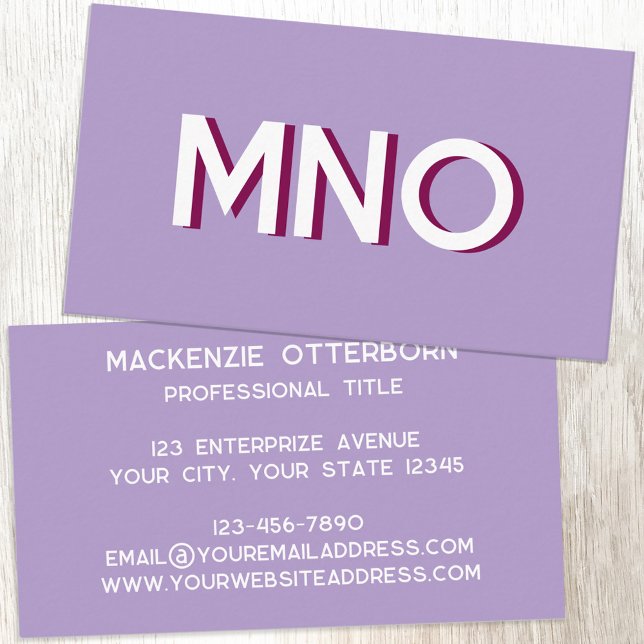 Moderne Monogramm-Initialen lassen den Schatten fa Visitenkarte (Modern drop shadow monogram initials business card in lilac purple)