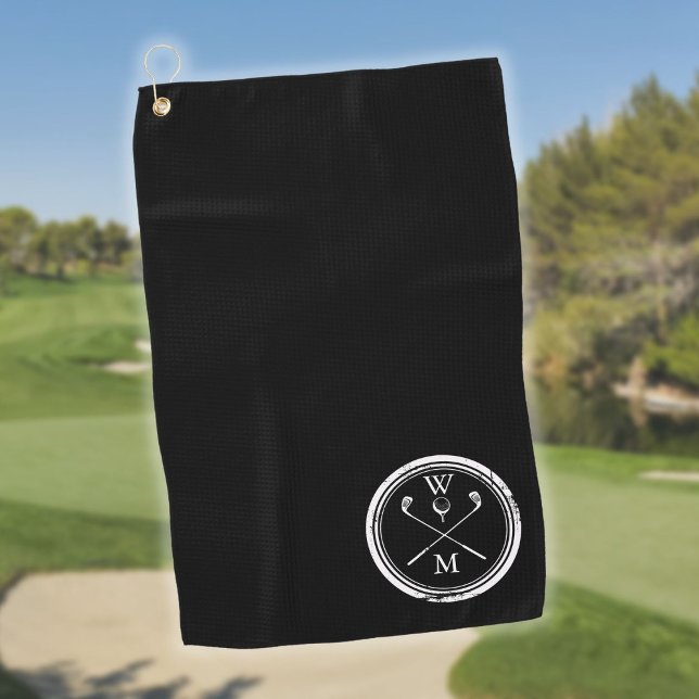 Moderne Monogramm-Initialen schwarz und weiß Golfhandtuch (Modern Monogram Initials Black and White Golf Towel)