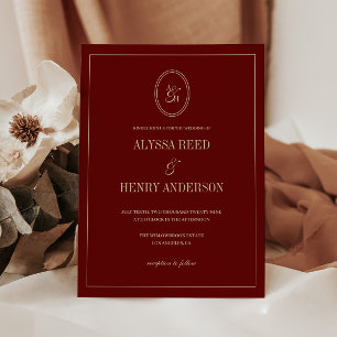 Moderne Monogramm-Klassische Weinrote Hochzeit Einladung