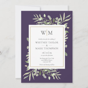 Moderne Monogramm-Lila-Grün-Hochzeit Einladung