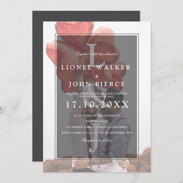 Moderne monogramm-Minimalistische Foto-Homosexuell Einladung (Vorne/Hinten)