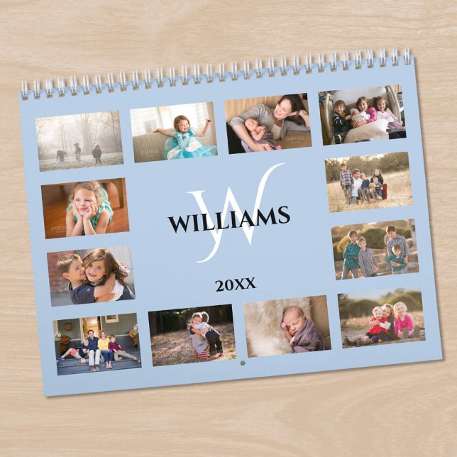 Moderne Monogramm-Name Lichtblau Benutzerdefiniert Kalender (Modern Monogram Name Light Blue Custom Photo Calendar in situ)
