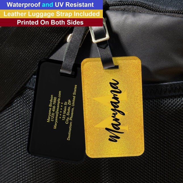 Moderne Monogramm Name | Luxuriöse schwarze und go Gepäckanhänger (Monogram Name Travel Tag
)
