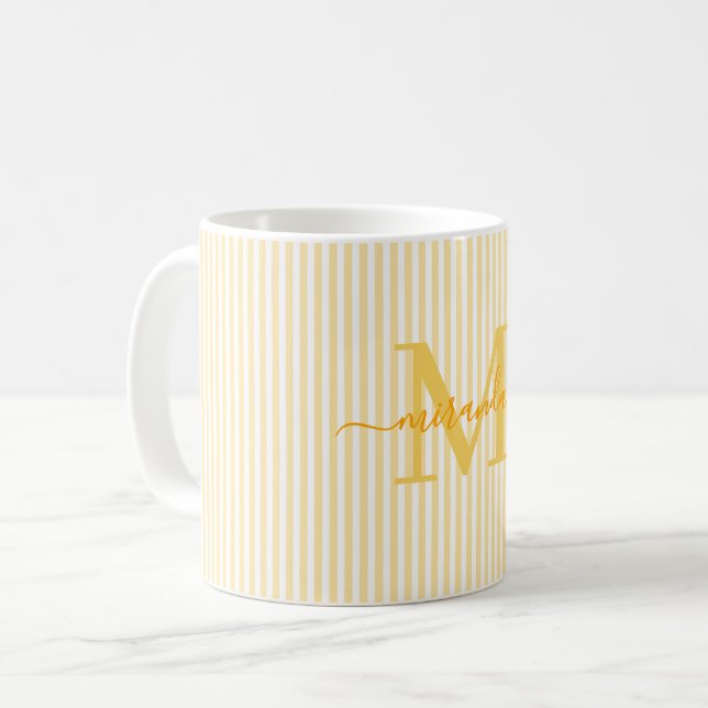Moderne Monogramm-Name mit gelben Streifen Kaffeetasse (Vorderseite Links)