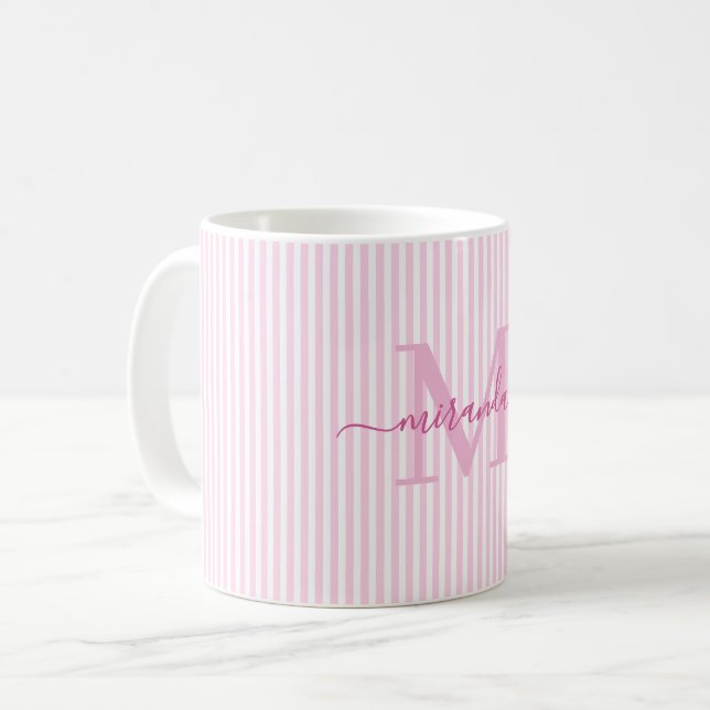 Moderne Monogramm-Name mit rosa Streifen Kaffeetasse (Vorderseite Links)