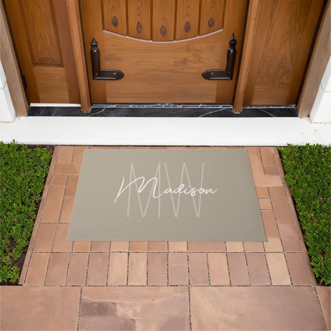 Moderne Monogramm-Name-Schrift Beige Fußmatte (Außenbereich)