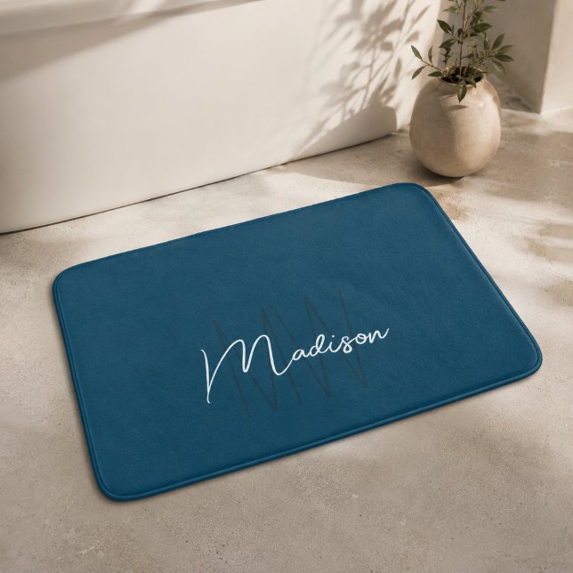 Moderne Monogramm-Name-Schrift Blau Badematte (Modern Monogram Name Script Blue Bath Mat)