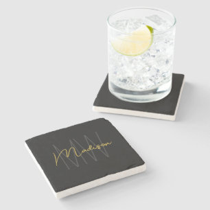 Moderne Monogramm-Name-Schrift Schwarz Gold Steinuntersetzer