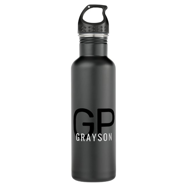 Moderne Monogramm Name Schwarz & Grau Personalisie Edelstahlflasche (Vorderseite)