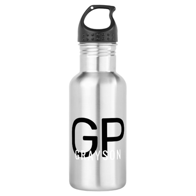 Moderne Monogramm Name Schwarz & Grau Personalisie Edelstahlflasche (Vorderseite)