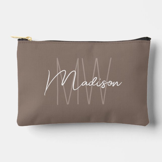 Moderne Monogramm-Name-Script Taupe Zubehörtasche (Vorderseite)