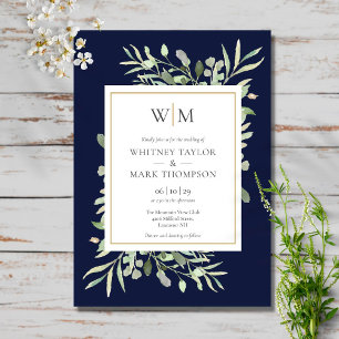 Moderne Monogramm Navy Blau Grüne Hochzeit Einladung