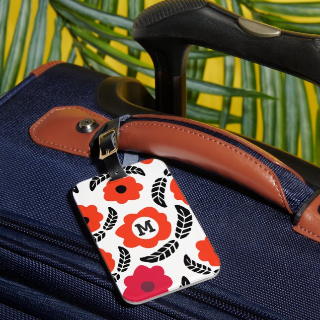 Moderne Monogramm Orange und Rote Blüten Gepäckanhänger (Vorderseite Insitu 1)