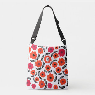 Moderne Monogramm Orange und Rote Blüten Tragetaschen Mit Langen Trägern